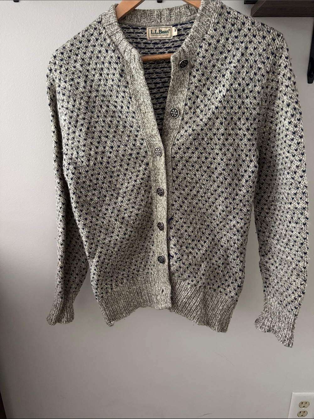 L.L. Bean Wool Gray Cardigan with Navy Fleck Knit